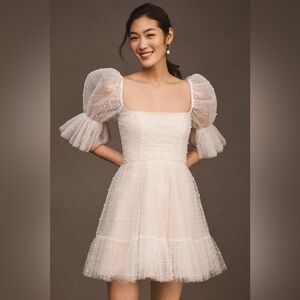 Anthropologie Pearl Dress: Square-Neck Tulle Embellished Mini Dress- SIZE 10